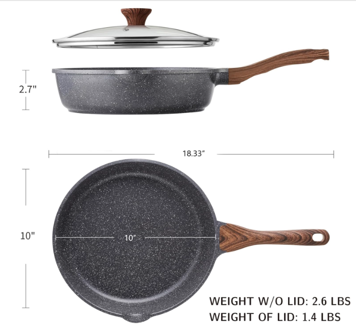 High Quality Nonstick Skillet, Deep Frying Pan 10-inch, Saute Pan with Lid, Stay-cool Handle, Healthy Stone Cookware Cooking Pan, Induction Compatible (10-Inch/3.5QT)