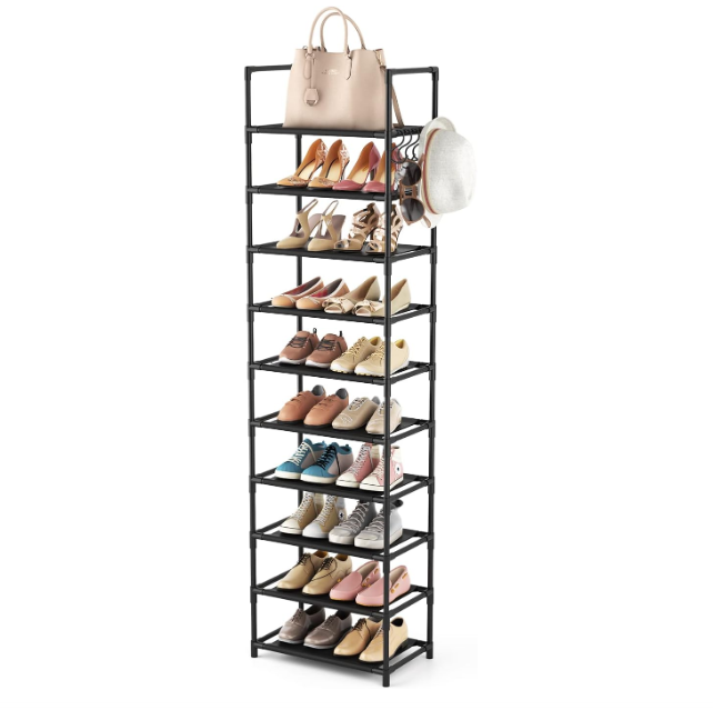 10 Tiers Tall Shoe Rack 20-25 Pairs Boots Organizer Storage Sturdy Narrow Shoe Shelf for Entryway, Closets with Hooks, Black Top Material.