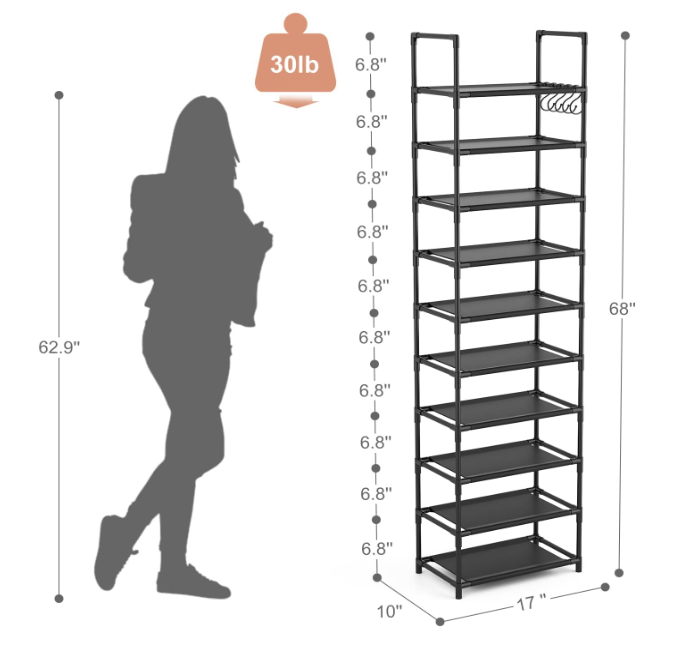 10 Tiers Tall Shoe Rack 20-25 Pairs Boots Organizer Storage Sturdy Narrow Shoe Shelf for Entryway, Closets with Hooks, Black Top Material.