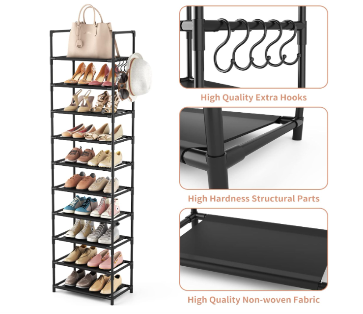 10 Tiers Tall Shoe Rack 20-25 Pairs Boots Organizer Storage Sturdy Narrow Shoe Shelf for Entryway, Closets with Hooks, Black Top Material.