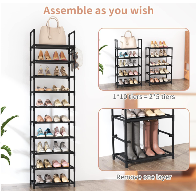 10 Tiers Tall Shoe Rack 20-25 Pairs Boots Organizer Storage Sturdy Narrow Shoe Shelf for Entryway, Closets with Hooks, Black Top Material.