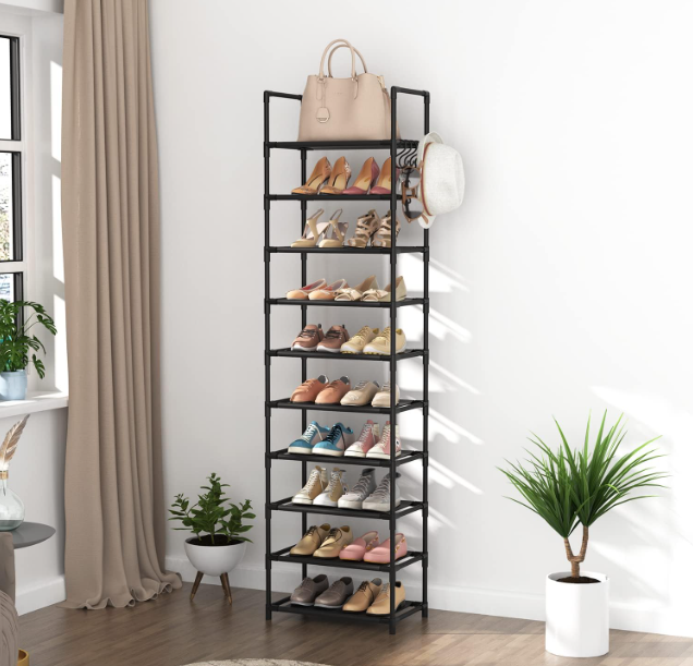 10 Tiers Tall Shoe Rack 20-25 Pairs Boots Organizer Storage Sturdy Narrow Shoe Shelf for Entryway, Closets with Hooks, Black Top Material.