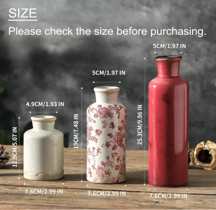Vintage Vase Set of 3, Ceramic Vintage Flower Vases, Chinoiserie Decorative Home Decor Retro Floral Vase Rustic Farmhouse Decor for Table Bookshelf