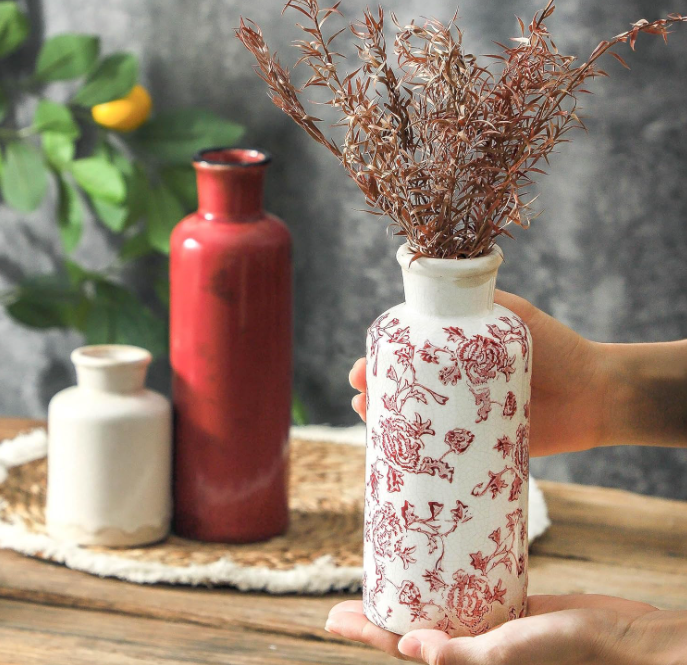 Vintage Vase Set of 3, Ceramic Vintage Flower Vases, Chinoiserie Decorative Home Decor Retro Floral Vase Rustic Farmhouse Decor for Table Bookshelf