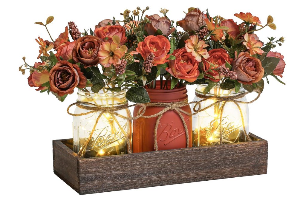 3 Pcs Mason Jar Centerpiece Table Decorations for Dining Table Decor Farmhouse Coffee Table Decor with Wood Tray and Led Light Table Centerpieces.