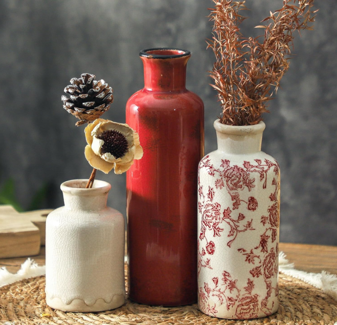 Vintage Vase Set of 3, Ceramic Vintage Flower Vases, Chinoiserie Decorative Home Decor Retro Floral Vase Rustic Farmhouse Decor for Table Bookshelf