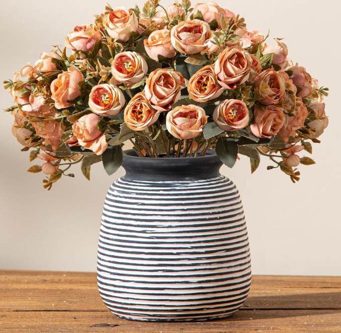 Ceramic Rustic Vase, Small Flower Farmhouse Vases Home Decor, 6“ Short Pottery Decorative Pampas Vase for Table Living Room Entryway Mantel Bookshelf Bedroom Bathroom Kitchen-Black