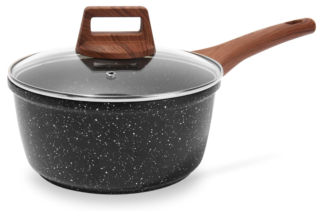 Top Quaity Nonstick Sauce Pan with Lid, 1.5 QT Small Soup Pot Compatible with All Stovetops (Gas, Electric & Induction), PFOA Free, Black