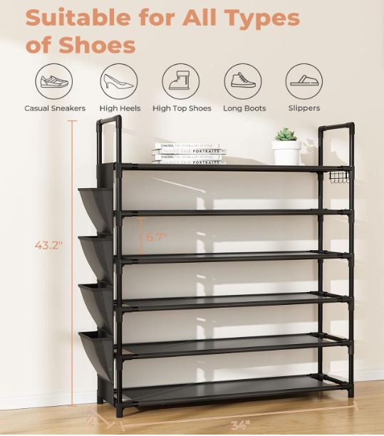 6 Tier Shoe Rack, Shoe Organizer Storage for 24-30 Pairs Shoe and Boot, Long Shoe Shelf with Hook and Side Pocket Free Standing Tall Shoe Rack Top Quality.