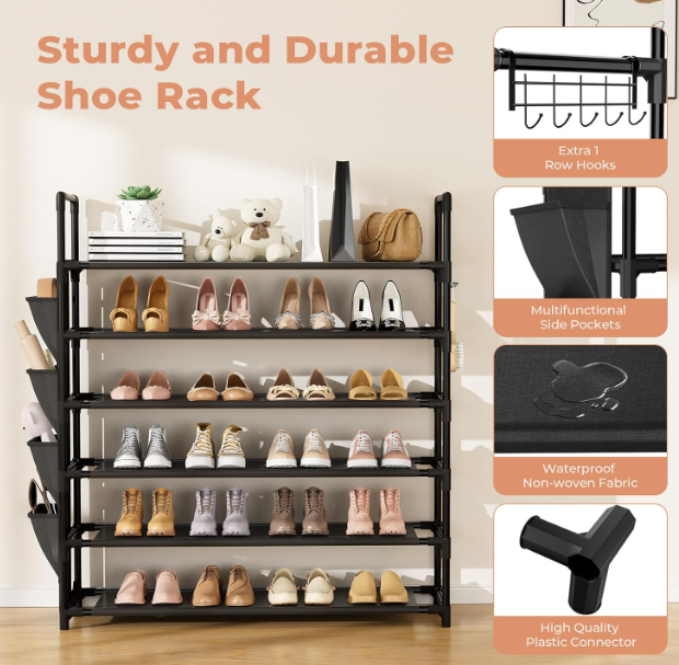 6 Tier Shoe Rack, Shoe Organizer Storage for 24-30 Pairs Shoe and Boot, Long Shoe Shelf with Hook and Side Pocket Free Standing Tall Shoe Rack Top Quality.