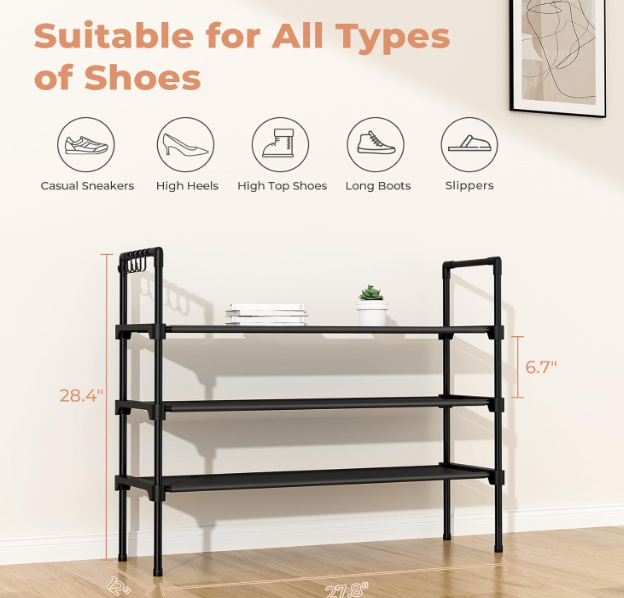 3 Tier Shoe Rack for Closet, Shoe Organizer with 5 Hooks, Long Shoe Shelf Storage for Sneaker and Boot Stackable Free Standing Shoe Rack for your Shoes and other items.