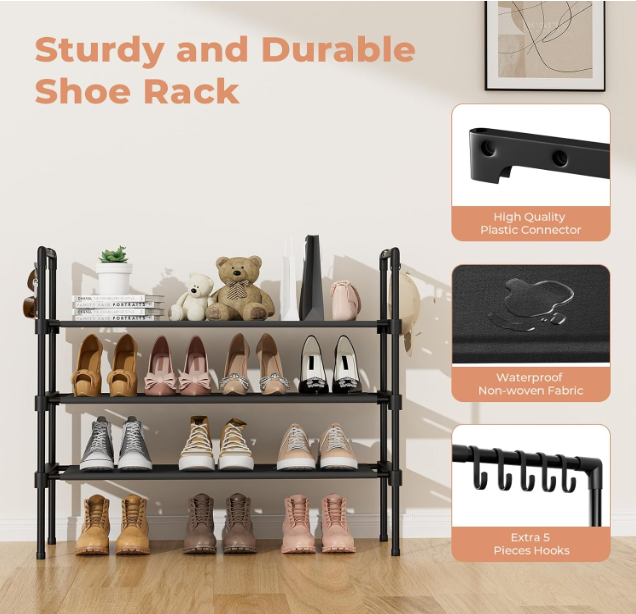 3 Tier Shoe Rack for Closet, Shoe Organizer with 5 Hooks, Long Shoe Shelf Storage for Sneaker and Boot Stackable Free Standing Shoe Rack for your Shoes and other items.