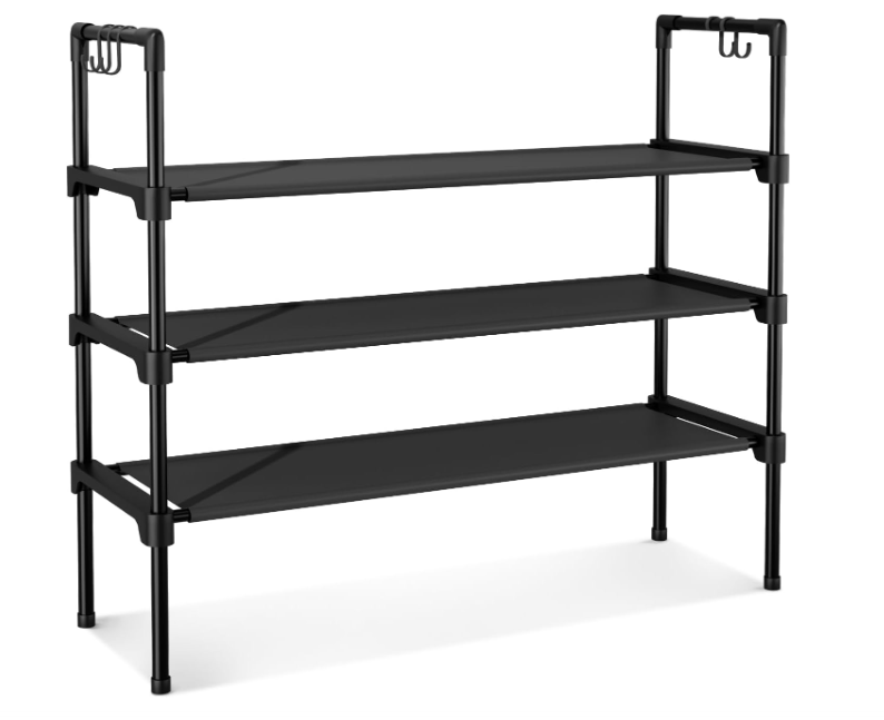 3 Tier Shoe Rack for Closet, Shoe Organizer with 5 Hooks, Long Shoe Shelf Storage for Sneaker and Boot Stackable Free Standing Shoe Rack for your Shoes and other items.