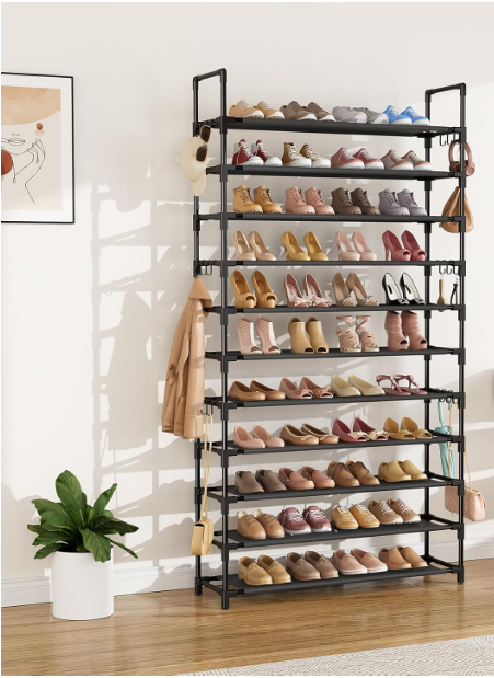 11 Tiers Tall Shoe Rack Holds 55 Pairs of Shoes with 18pcs Hooks Sturdy Wide Shoe Organizer Storage Free Standing Metal Shoe Shelf for Closet, Entryway Black Great Quality.