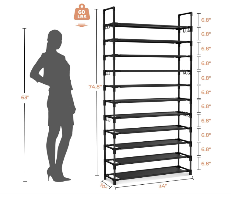 11 Tiers Tall Shoe Rack Holds 55 Pairs of Shoes with 18pcs Hooks Sturdy Wide Shoe Organizer Storage Free Standing Metal Shoe Shelf for Closet, Entryway Black Great Quality.