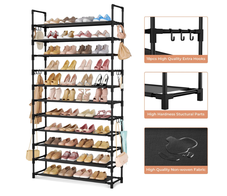11 Tiers Tall Shoe Rack Holds 55 Pairs of Shoes with 18pcs Hooks Sturdy Wide Shoe Organizer Storage Free Standing Metal Shoe Shelf for Closet, Entryway Black Great Quality.