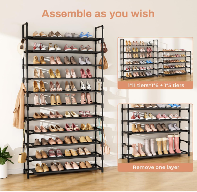 11 Tiers Tall Shoe Rack Holds 55 Pairs of Shoes with 18pcs Hooks Sturdy Wide Shoe Organizer Storage Free Standing Metal Shoe Shelf for Closet, Entryway Black Great Quality.