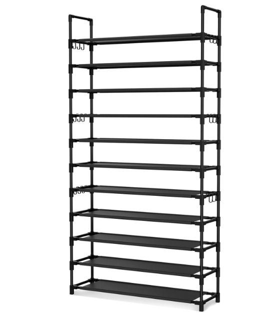 11 Tiers Tall Shoe Rack Holds 55 Pairs of Shoes with 18pcs Hooks Sturdy Wide Shoe Organizer Storage Free Standing Metal Shoe Shelf for Closet, Entryway Black Great Quality.