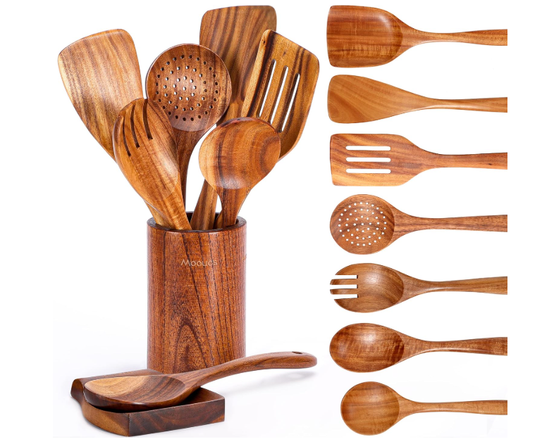 Top Quality and Eco Friendly 9 Piece Natural Teak Wooden Kitchen Utensil Set with Spoon Rest - Comfort Grip Cooking Spoons and Utensils Holder