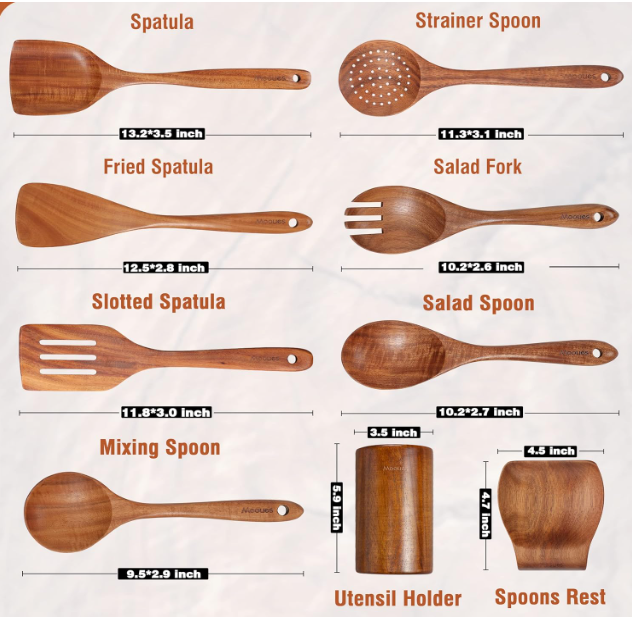 Top Quality and Eco Friendly 9 Piece Natural Teak Wooden Kitchen Utensil Set with Spoon Rest - Comfort Grip Cooking Spoons and Utensils Holder