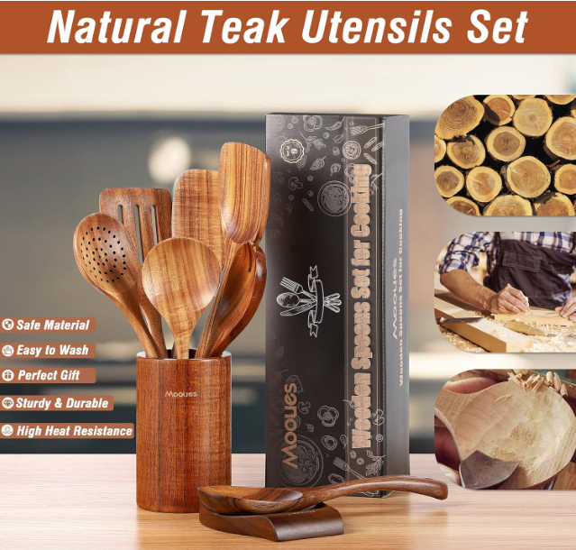 Top Quality and Eco Friendly 9 Piece Natural Teak Wooden Kitchen Utensil Set with Spoon Rest - Comfort Grip Cooking Spoons and Utensils Holder