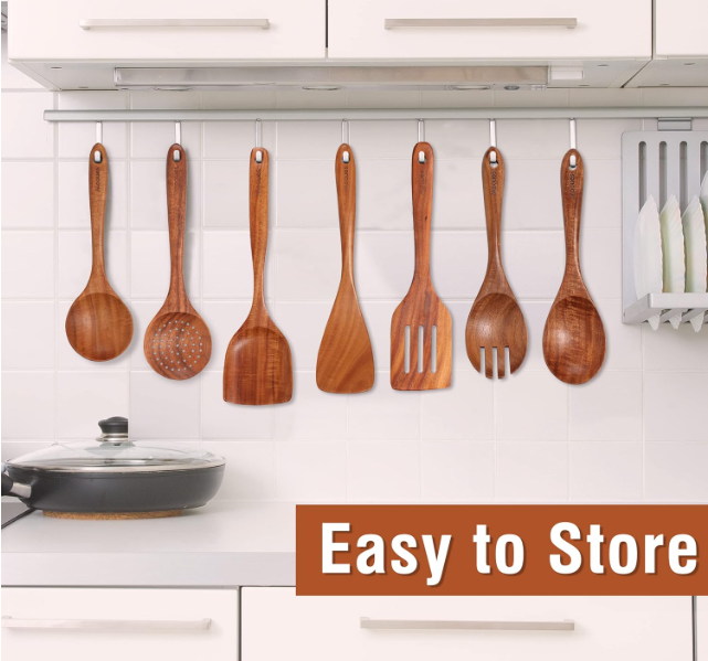 Top Quality and Eco Friendly 9 Piece Natural Teak Wooden Kitchen Utensil Set with Spoon Rest - Comfort Grip Cooking Spoons and Utensils Holder