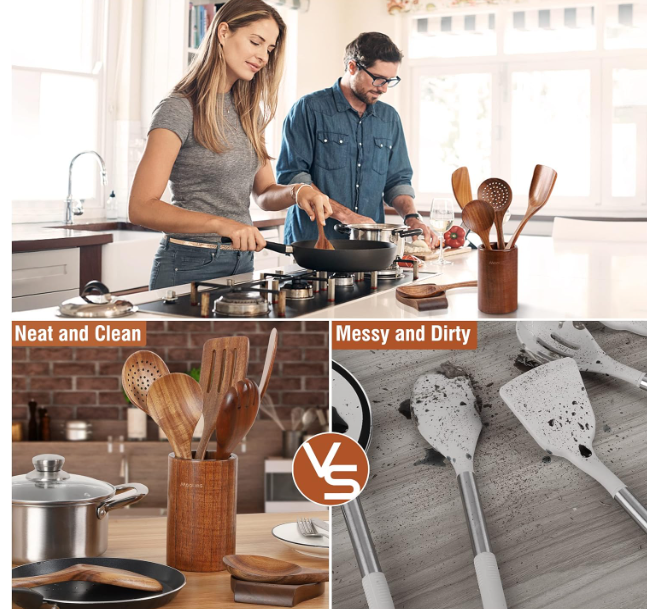 Top Quality and Eco Friendly 9 Piece Natural Teak Wooden Kitchen Utensil Set with Spoon Rest - Comfort Grip Cooking Spoons and Utensils Holder