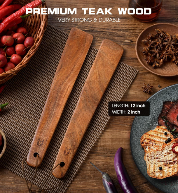 Good Quality 12 inch Teak Wooden Spatula for Cooking, Small Wood Flipper, Egg Scraper, Flat Wood Turner, Multipurpose Wooden Cooking Utensils, Spatulas Spoons Perfect for Flipping, Scraping & Turning, Set of 2