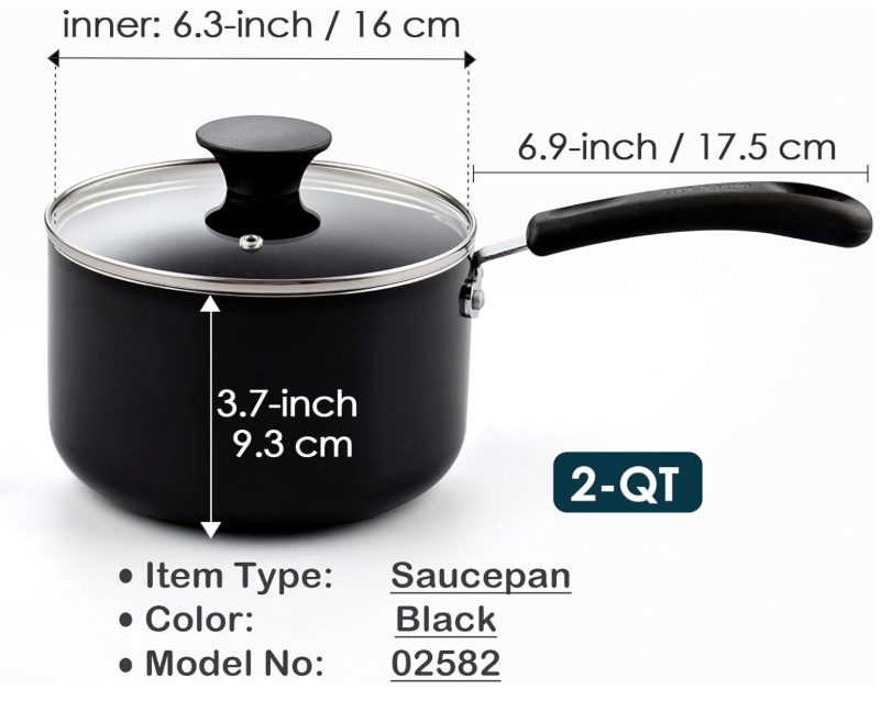High Quality Nonstick Sauce Pan with Glass Lid 2-Qt, Multi-purpose Pot Saucepan Kitchenware, Black, Aluminum