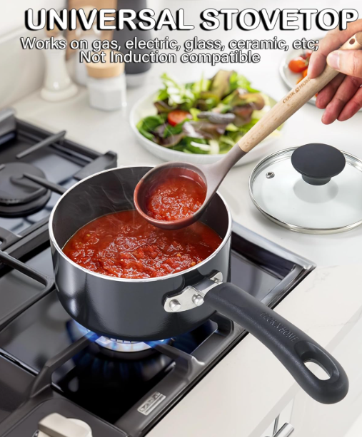 High Quality Nonstick Sauce Pan with Glass Lid 2-Qt, Multi-purpose Pot Saucepan Kitchenware, Black, Aluminum